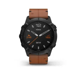 Garmin Fénix 6X Sapphire, Black DLC, Chestnut Leather Band